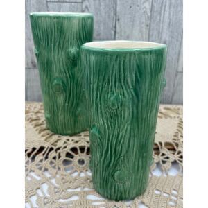 Pair Vintage Tree Trunk Vases Tumblers Garland Ceramics 1955 Green Nature